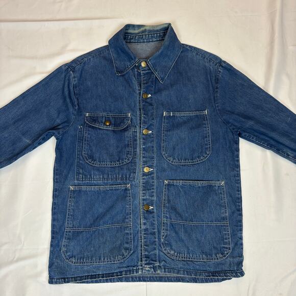 Vintage 80 Denim Chore Coat Men's Medium Workwear Utility Barn Jacket - Picture 2 of 12